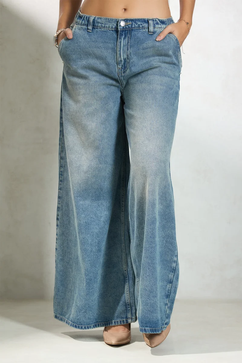 Virgio  Solid Cotton Denim Wide Leg Low Rise Pants for Women for Women | Best Price UAE