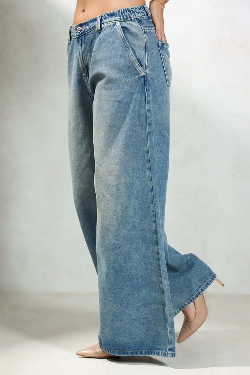 Virgio  Solid Cotton Denim Wide Leg Low Rise Pants for Women for Women | Best Price UAE