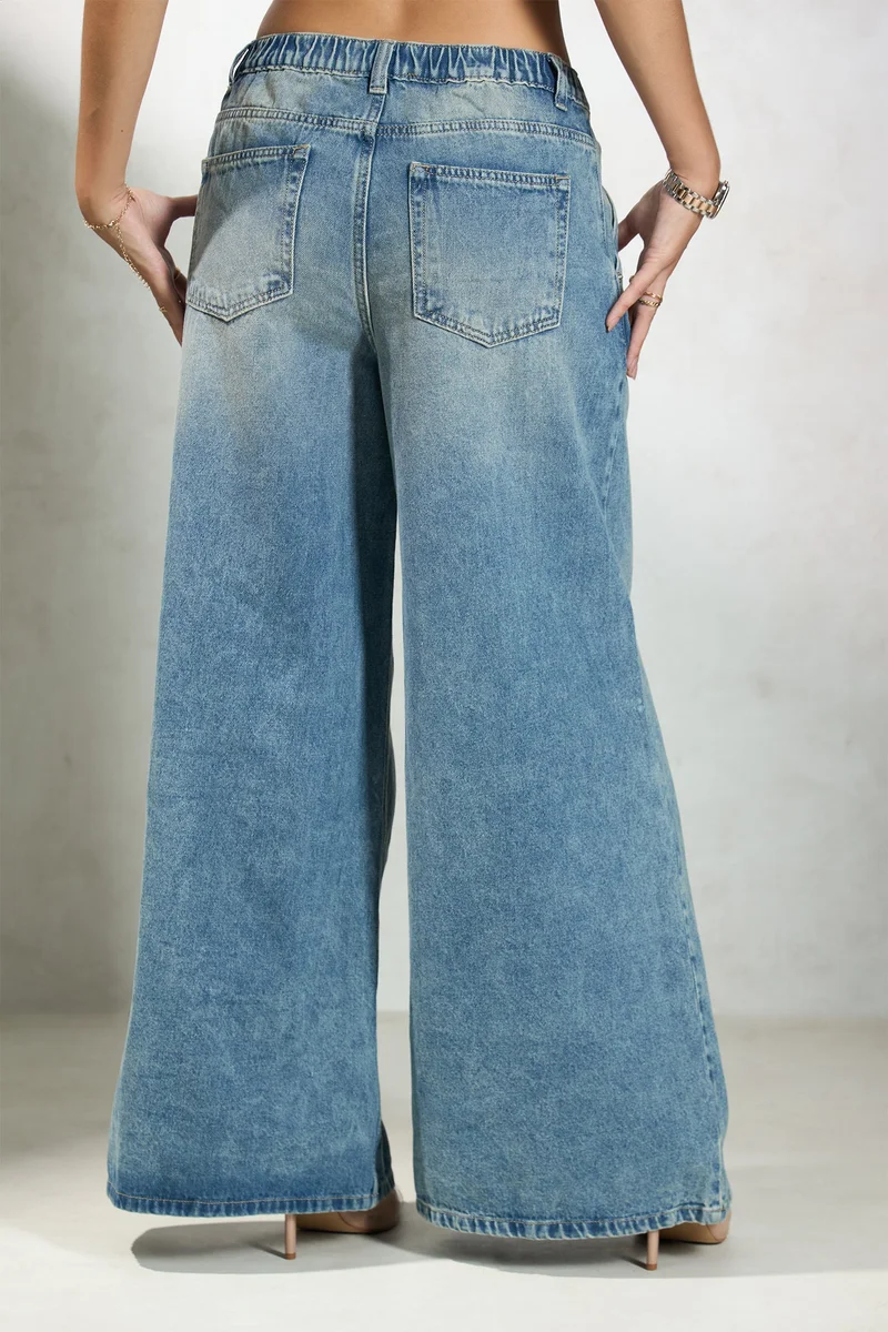 فيرجيو Solid Cotton Denim Wide Leg Low Rise Pants for Women