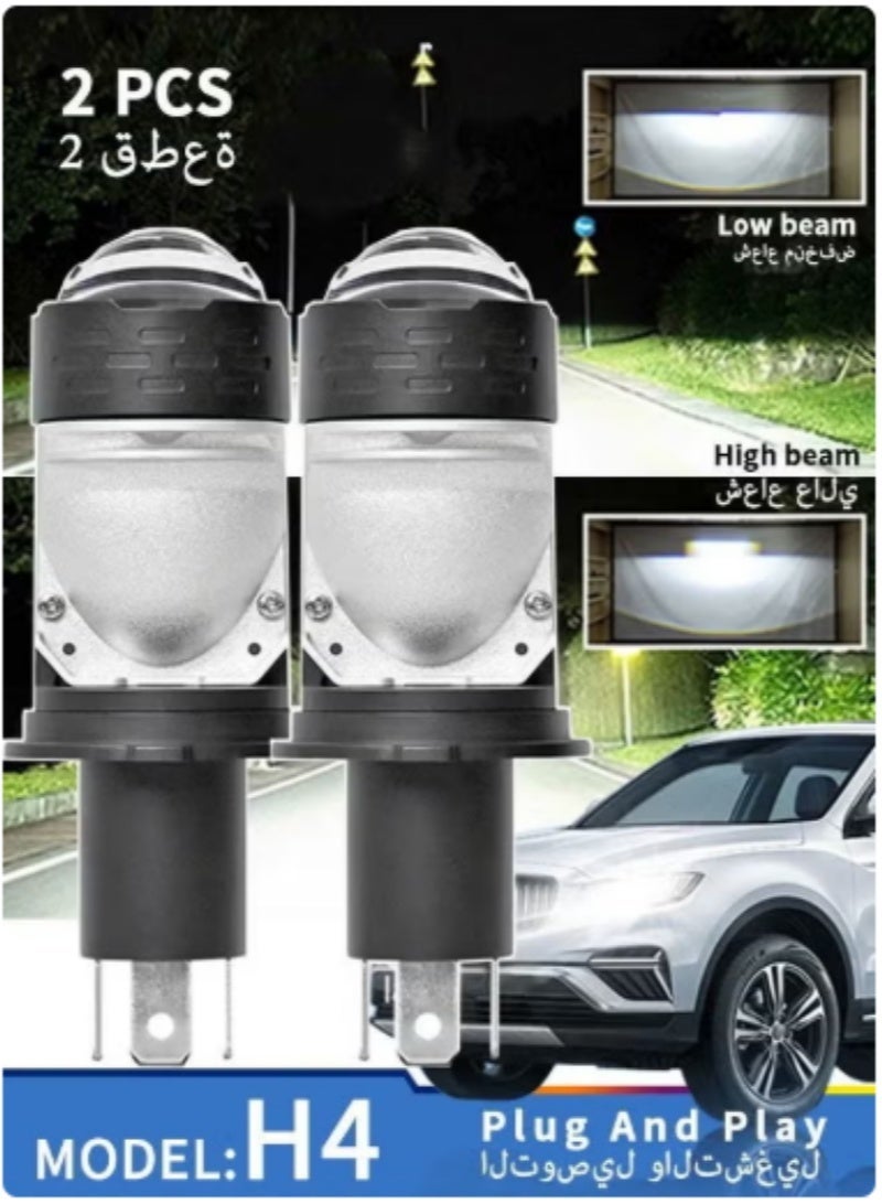 المقاس الكلي مصابيح أمامية LED نوع H4 بعدسة، درجة لون 6500 كيلفن، سطوع فائق 30000 لومن ضوء أبيض، إضاءة عالية ومنخفضة، تركيب مباشر بدون تعديل، جهد 12-80 فولت، مناسبة للسيارات والدراجات النارية والشاحنات - قطعتان - Image 1