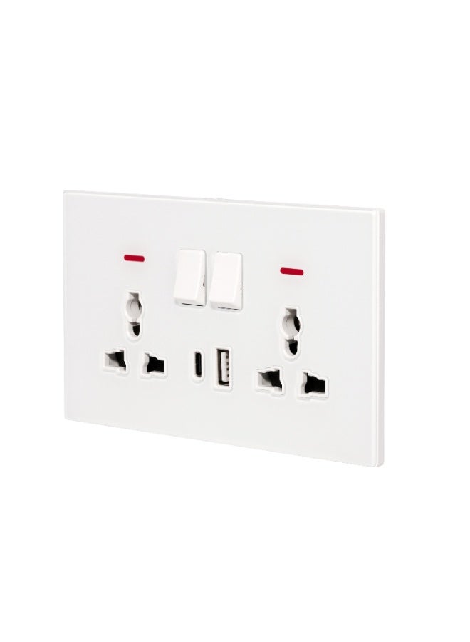 Donmarco 2 GangDouble MF Socket 13A - USB + Type-C (5V 3.1A) – Ultra Thin Glass, Fire-Resistant , 3-Year Warranty, Multi-Function with Fast Charging (Matt White) | Wall Socket Power Outlet  - Image 2