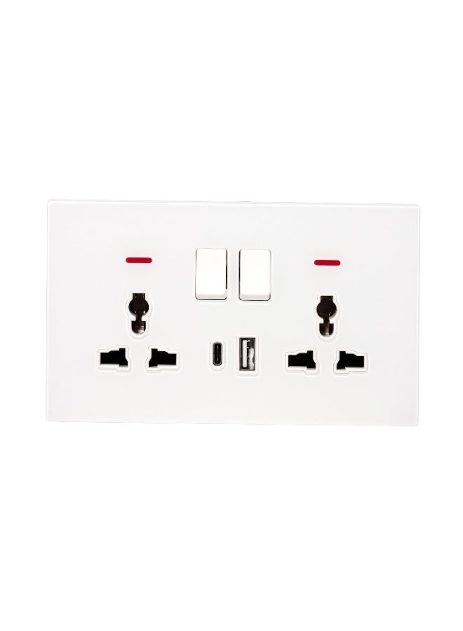 Donmarco 2 GangDouble MF Socket 13A - USB + Type-C (5V 3.1A) – Ultra Thin Glass, Fire-Resistant , 3-Year Warranty, Multi-Function with Fast Charging (Matt White) | Wall Socket Power Outlet  - Image 1
