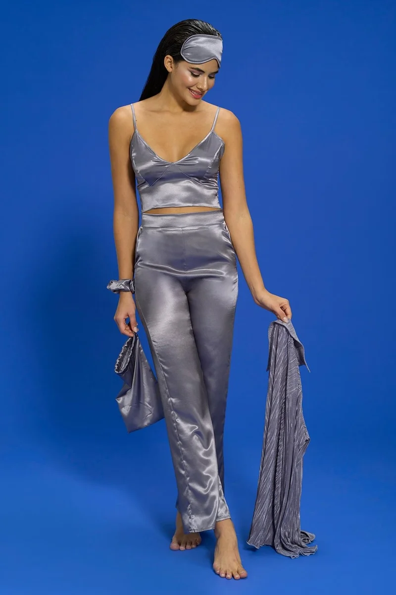 for you in&out 6-Piece Pleated Gray Bustier Pajama Set S27569