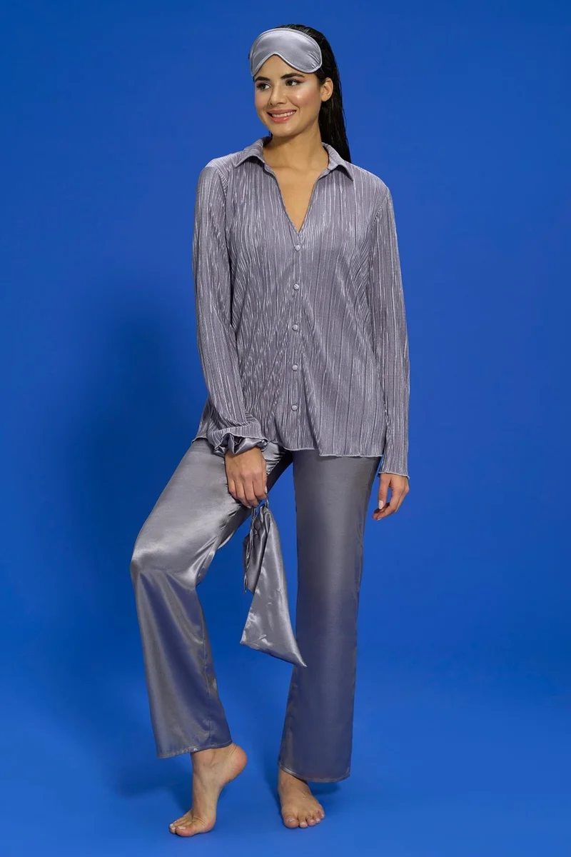 for you in&out 6-Piece Pleated Gray Bustier Pajama Set S27569
