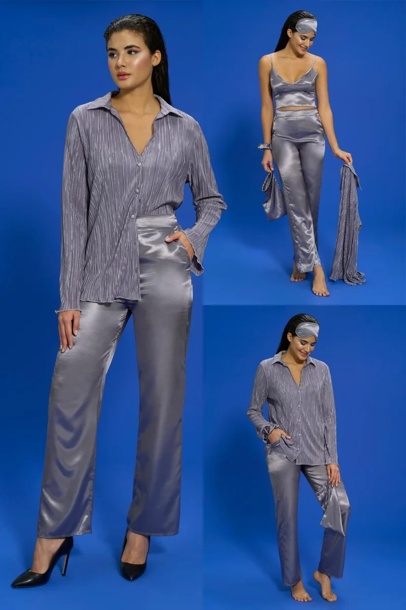 for you in&out 6-Piece Pleated Gray Bustier Pajama Set S27569