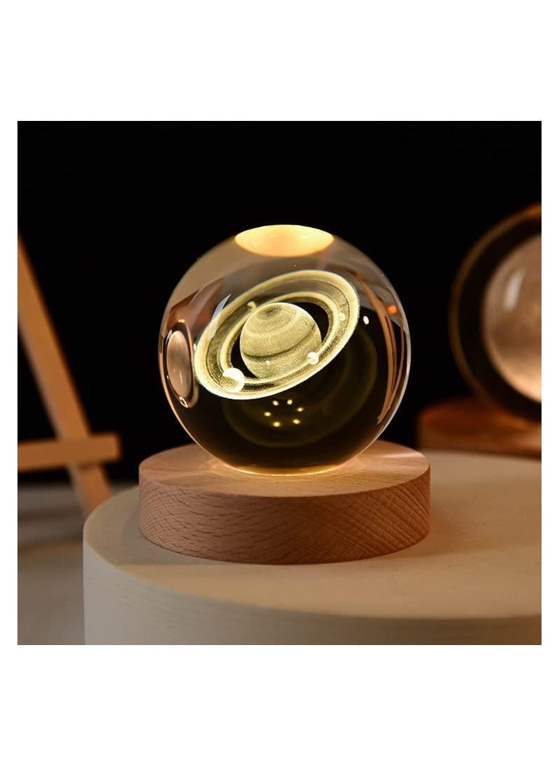 NNEWVANTE 3DSolar System Crystal Ball Night Light for Kids Glass Ball Night Lamp with Wood Base Fantasy Decor Crsytal Ball Gifts LED Galaxy Planet NightLights Brithday Gifts for Boys Girls (Saturn)  - Image 1