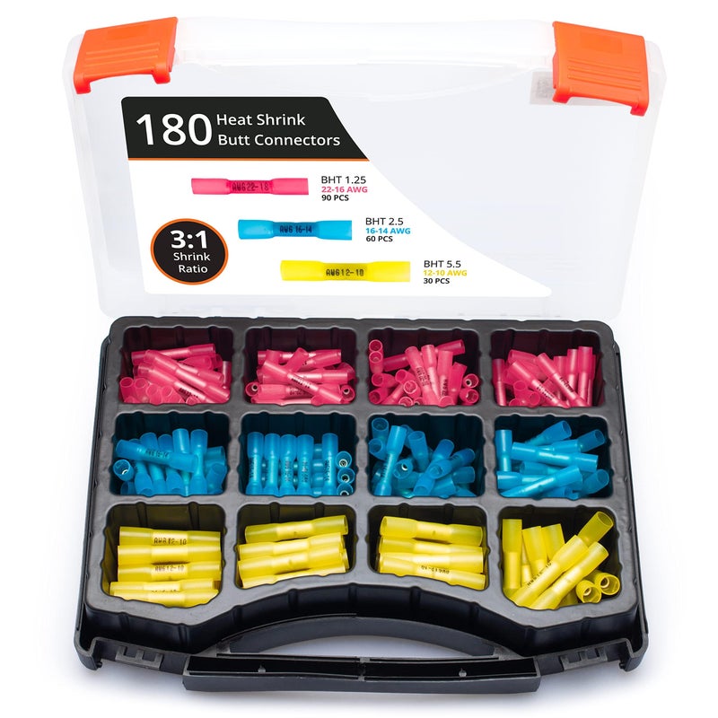 Wirefy 180 PCS Heat Shrink Butt Connectors Kit - Marine Grade Wire Butt Splice Connectors - Electrical, Waterproof - 22-10 AWG | Heat Shrink Wire Connectors Kit | Wire Connectors Heat Shrink - Image 1