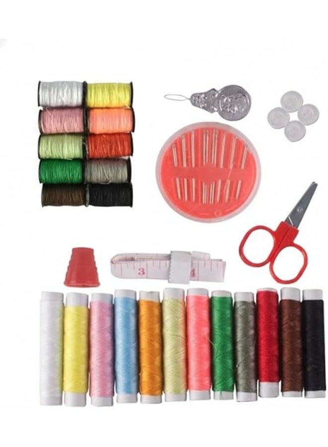 طقم خياطة متكامل، يتضمن خيوط ملونة، إبر، مقص، شريط قياس، وغطاء حمايه للصابع، أزرار بكرات صغير ولضامه، متعدد الألوان - Image 1
