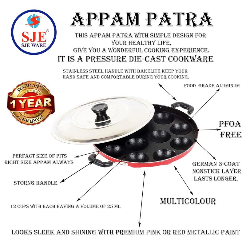 SJE WARE Sjeware Non Stick Appam Patra 12 Cavity with Stainless Steel Lid and Silicon Brush - Image 3