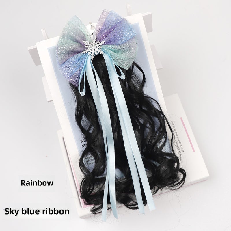 Generic Cute Girls Curly Ponytail Wig with Bow, Multiple Colors Rainbow + Sky Blue Ribbon 