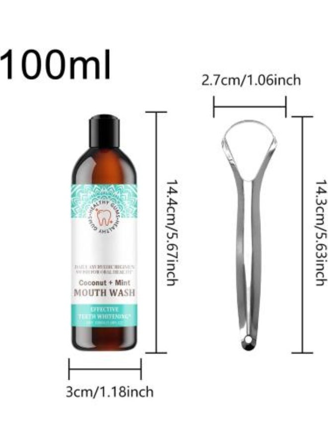 GuruNanda Healthy Gums Coconut + Mint Mouthwash 100ml With Stainless Steel Tongue Cleaner – Teeth Whitening - Image 1