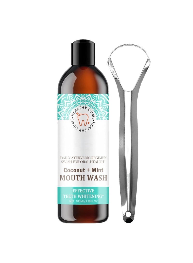 GuruNanda Healthy Gums Coconut + Mint Mouthwash 100ml With Stainless Steel Tongue Cleaner – Teeth Whitening - Image 2