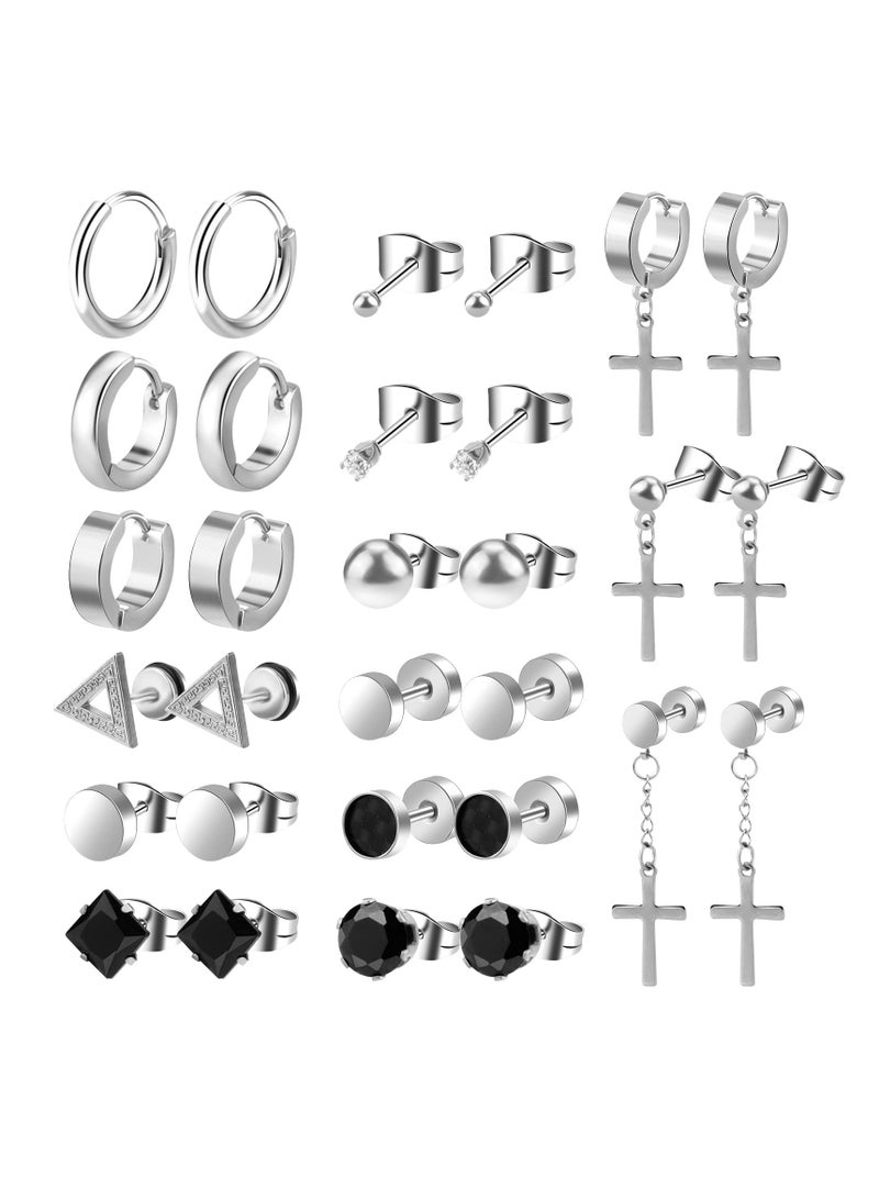 SYOSI Earrings for Men Black Stud Earrings Mens Earrings Stainless Steel Black Earrings for Men, Women, Unisex Jewelry Piercing Hoops and Cross Earrings Set - Image 1