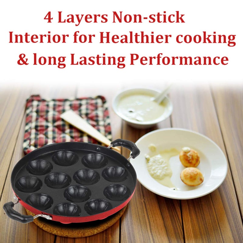 EURO SLEEK Grilled Type Appam Patra Non Stick 12 Cavities with LidRed BottomPaniyarrakalPaniyaramAppam PanMakerPan Cake Maker - Image 5