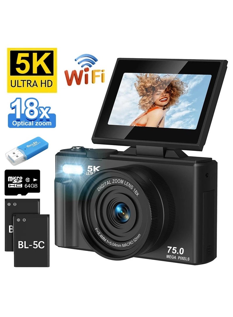 AUSEK 5K Digital Camera for Photography - 75MP Autofocus Vlogging Camera for YouTube with 64GB SD Card, WiFi, 18X Zoom 3" 180° Flip Screen Compact Travel Camera with 2 Batteries for Teens and Beginner  - Image 1