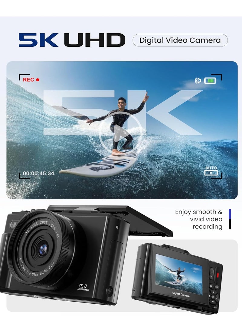 AUSEK 5K Digital Camera for Photography - 75MP Autofocus Vlogging Camera for YouTube with 64GB SD Card, WiFi, 18X Zoom 3" 180° Flip Screen Compact Travel Camera with 2 Batteries for Teens and Beginner  - Image 2