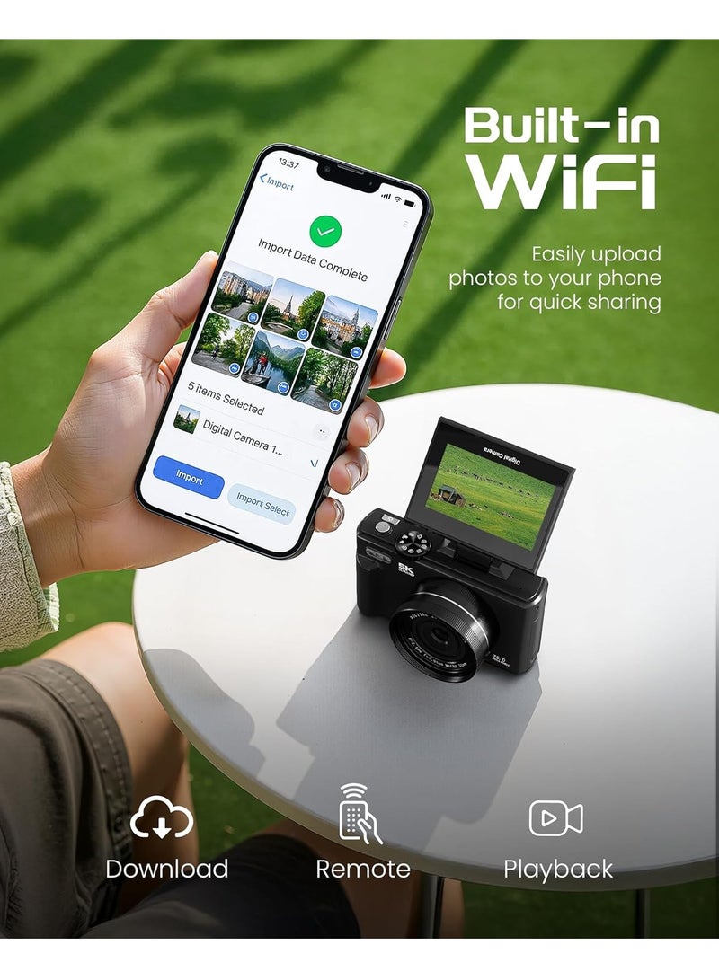 AUSEK 5K Digital Camera for Photography - 75MP Autofocus Vlogging Camera for YouTube with 64GB SD Card, WiFi, 18X Zoom 3" 180° Flip Screen Compact Travel Camera with 2 Batteries for Teens and Beginner  - Image 4