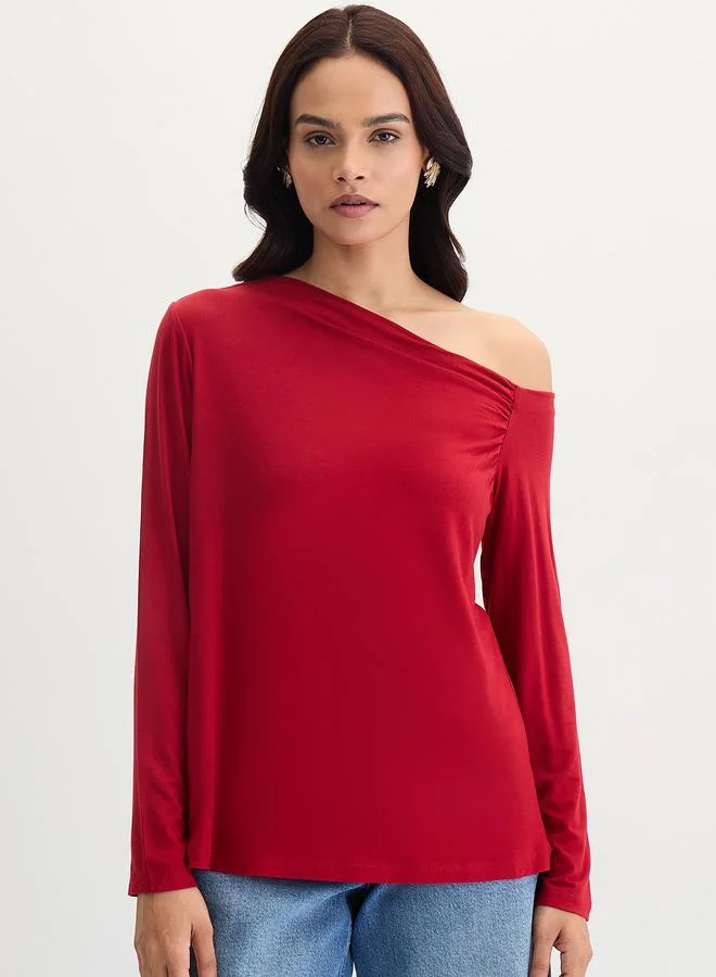 Deep Red Knit One Shoulder Top