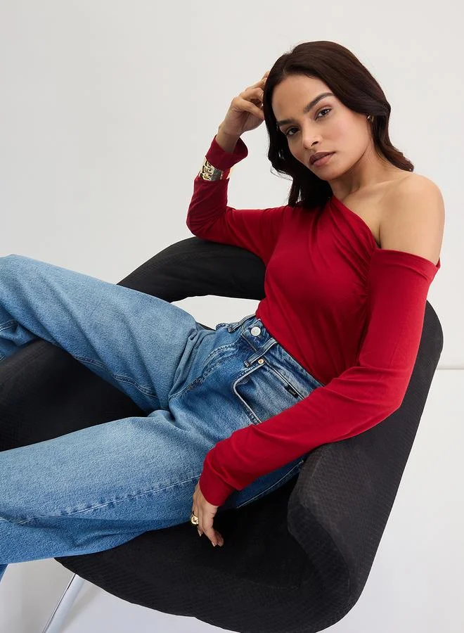 Femmella  Deep Red Knit One Shoulder Top for Women | Best Price UAE