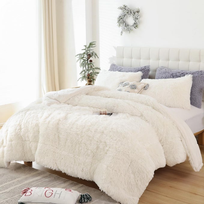 FLUFFY QUEEN COMFORTER SET FAUX FUR COMFORTER SET QUEEN SIZE LUXURY FUZZY BEDDING SET SOFT SHAGGY BED SET FOR ALL SEASON 3 PIECES 1 COMFORTER 2 PILLOWCASES BEIGE
