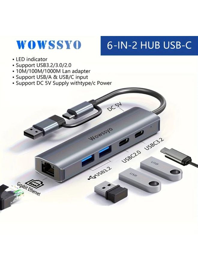 6 In 2 USB C Hub Adapter With 10Gbps Fast Transmission 2 USB 3 2 1 USB C 3 2 RJ45 1000M For Laptop Tablet Phone - Image 1