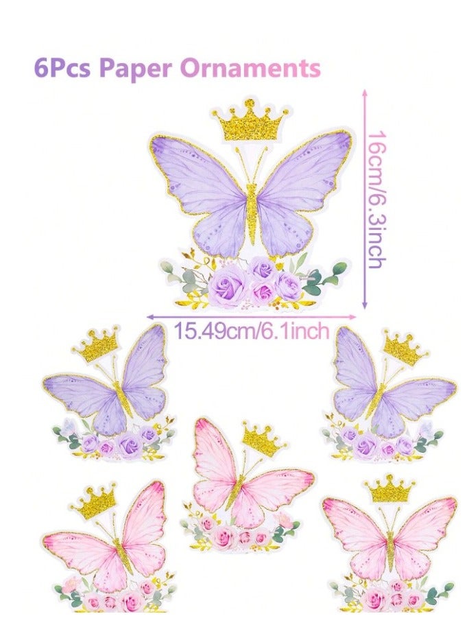 6 pieces party table decorations with pink and purple butterfly design for girl’s birthday party, baby shower party - Image 2