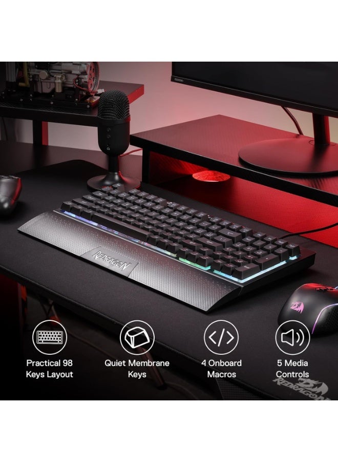ريدراجون لوحة مفاتيح الألعاب Redragon K515 شيفا RGB، لوحة مفاتيح بملمس ميكانيكي مكونة من 98 مفتاح مع مفتاح خطي، مفاتيح ماكرو ووسائط متعددة مدمجة، مسند معصم قابل للإزالة، مدعوم بالبرمجيات - أسود - Image 2