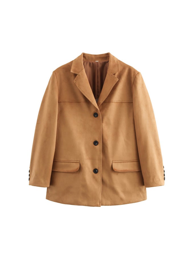 2024 Cross-Border European And American Retro Style Deerskin Blazer Women's Street Fashion Top Single-Breasted Commuter Windbreaker 