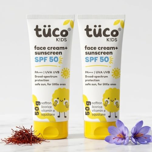 TuCo® Kids 2 In 1 Face Cream + Sunscreen For All Skin Type SPF 50 With Saffron Oil | UVA/UVB PA++++ | Broad Spectrum | Benzophenone- 3 And Avobenzone Free | Ages 2-5, 5-10, 10-15 | 50Gm-Pack Of 2 | - Image 1