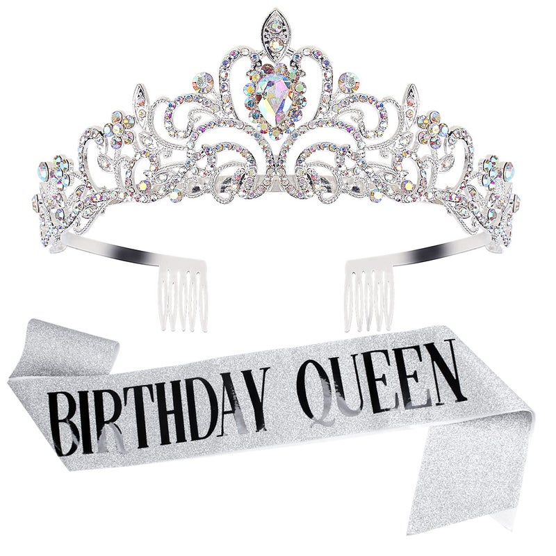 Velscrun Birthday Queen Tiaras Crown for Women, Girls Princess Crowns for Women, Queen Tiara for Mom, Silver Birth Crown Headband Birth Sash, 30th 40th 50th Birthday Prom Party Decorations for Mother - Image 1