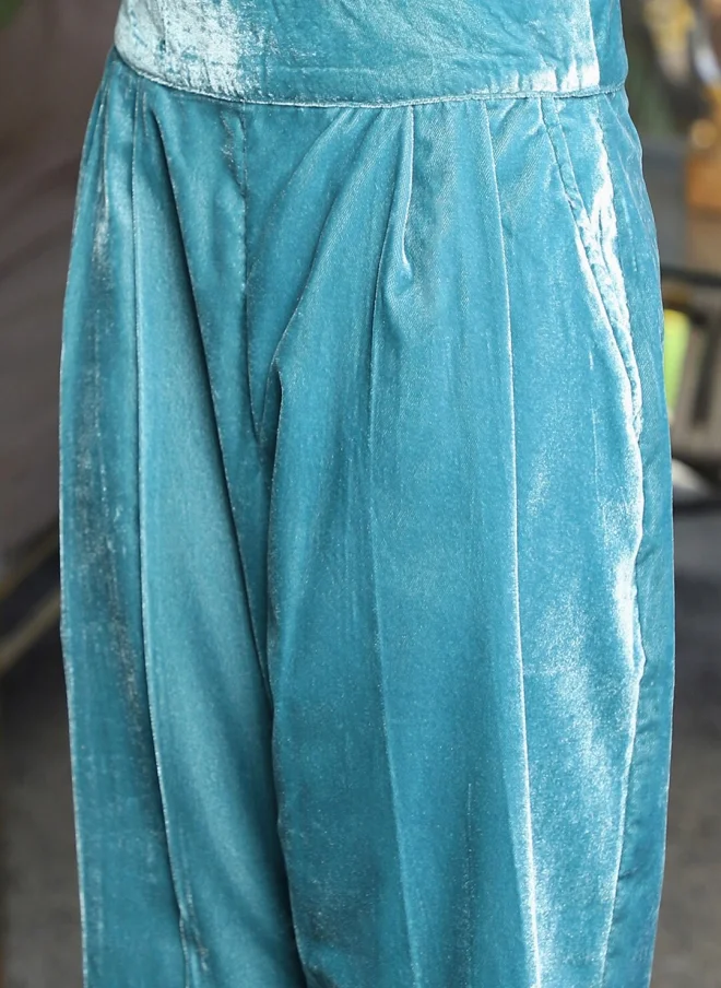 AKS  Blue Velvet Shirt and Trousers Set for Girls for Women | Best Price UAE