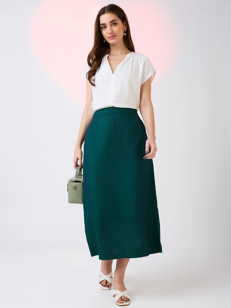 globus Women Self Design Mid Rise Side Pockets Midi Workwear Skirt