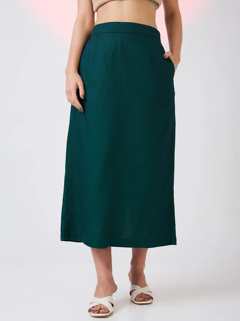 globus Women Self Design Mid Rise Side Pockets Midi Workwear Skirt