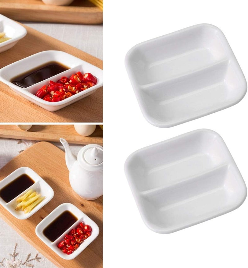 DOITOOL أكواب توابل DOITOOL 2 قطعة 3 بوصة أطباق صلصة مقسمة أطباق خزفية لتقسيم التوابل وعاء غمس الطعام حاملة توابل ذات قسمين للمطبخ المنزلي أطباق صغيرة بيضاء - Image 3