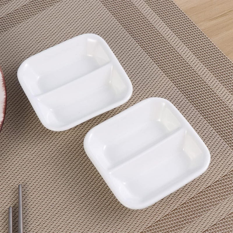 DOITOOL أكواب توابل DOITOOL 2 قطعة 3 بوصة أطباق صلصة مقسمة أطباق خزفية لتقسيم التوابل وعاء غمس الطعام حاملة توابل ذات قسمين للمطبخ المنزلي أطباق صغيرة بيضاء - Image 2