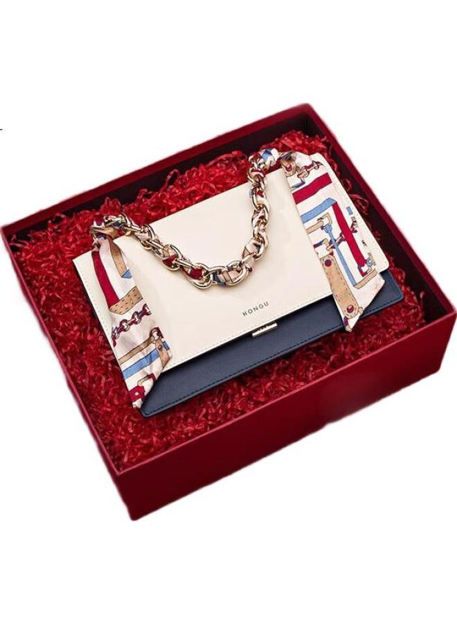Hongu Honggu Ladies' Chain Bag, Contrasting Color Shoulder Handbag, Silk Scarf Bag, Cowhide Crossbody Bag, Qixi Gift For Girlfriend - Image 2