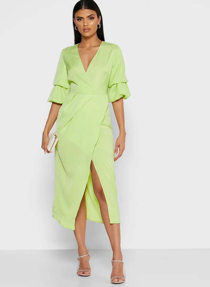 Khizana Wrap Front Puffed Sleeve Maxi Dress