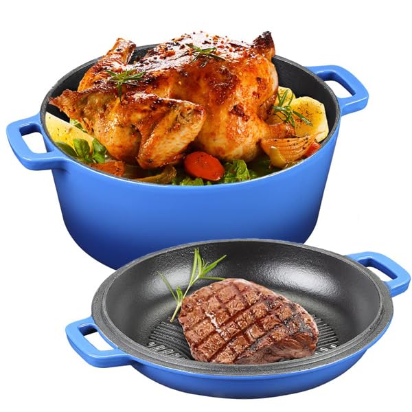 NSIRONS 55 Quart Enameled Cast Iron Dutch Oven 2In1 Enamel Dutch Oven Pot with Skillet Lid for Grill Stovetop Induction Gradient Blue