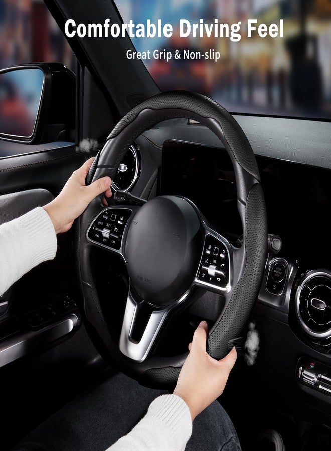 Aimato Nappa Leather Car Steering Wheel Cover for Men Women, Ultra-Thin Non-Slip Breathable Microfibre, Universal for 14.5"-15" Steering Wheel - Black - Image 2