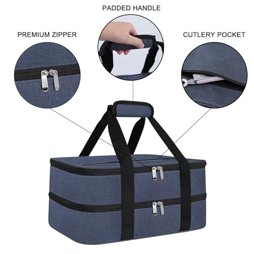 esouler Double Insulated Casserole Carrier Bag Hot & Cold Food Carrier Bag Lasagna Holder Lunch Bag for Picnics, Parties, Travel, Fits 9 x 13 Inches Casserole Dish-Blue - Image 3