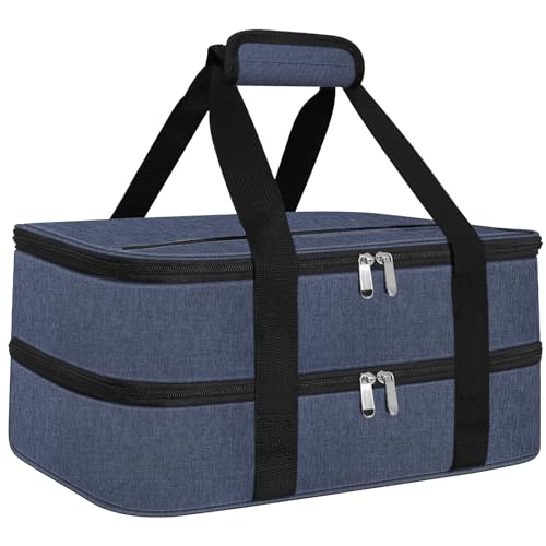 esouler Double Insulated Casserole Carrier Bag Hot & Cold Food Carrier Bag Lasagna Holder Lunch Bag for Picnics, Parties, Travel, Fits 9 x 13 Inches Casserole Dish-Blue - Image 1