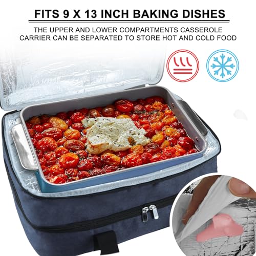 esouler Double Insulated Casserole Carrier Bag Hot & Cold Food Carrier Bag Lasagna Holder Lunch Bag for Picnics, Parties, Travel, Fits 9 x 13 Inches Casserole Dish-Blue - Image 4