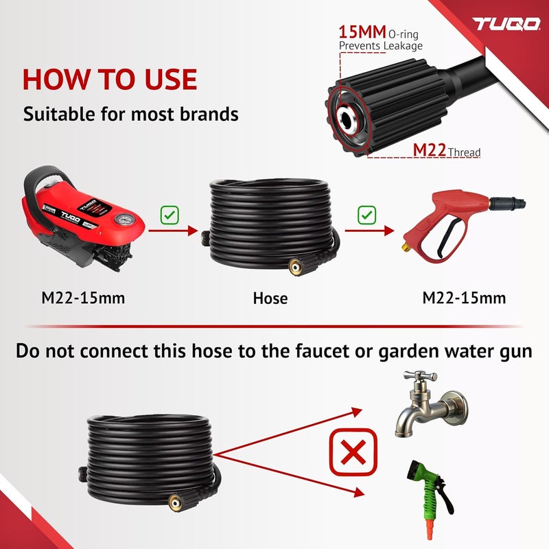 TUQO خرطوم / أنبوب غسالة الضغط M22-15mm | 7 أمتار | مضفر بالفولاذ | نواة مطاطية | متين | مقاوم للانحناء | مع ختم O-Ring - خالي من التسرب | متوافق مع معظم علامات غسالات الضغط الكهربائية | AW06 - Image 5
