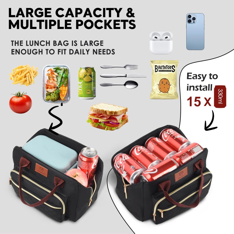 Genteen Lunch Box for Women Men,Insulated Adult LunchBox for Women,Reusable Cute Lunch Bags for Work,High Capacity Cooler Bag Tote for Work Teens Girls Office Travel Picnic School-Black - Image 3