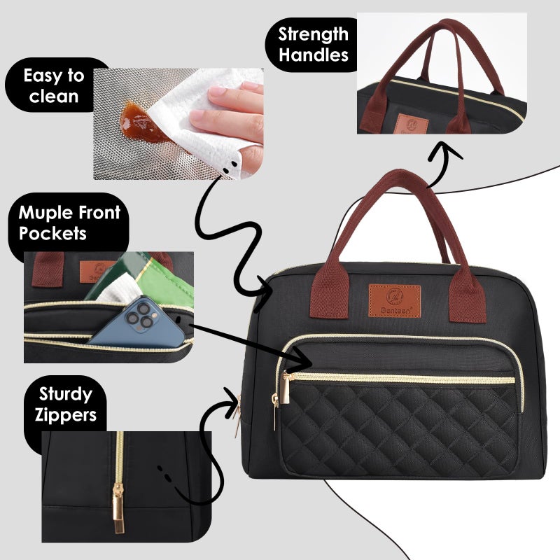Genteen Lunch Box for Women Men,Insulated Adult LunchBox for Women,Reusable Cute Lunch Bags for Work,High Capacity Cooler Bag Tote for Work Teens Girls Office Travel Picnic School-Black - Image 5
