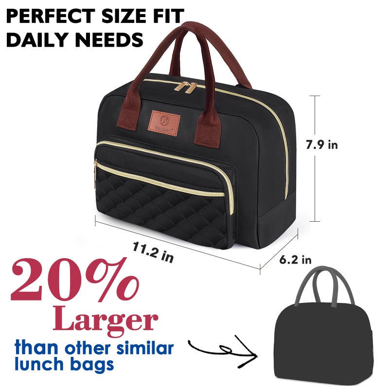 Genteen Lunch Box for Women Men,Insulated Adult LunchBox for Women,Reusable Cute Lunch Bags for Work,High Capacity Cooler Bag Tote for Work Teens Girls Office Travel Picnic School-Black - Image 4