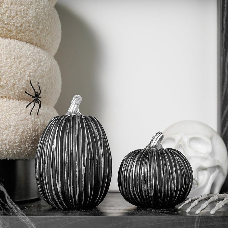 DN DECONATION Pumpkin Decorations for Fall and Halloween Indoor Home Decor, Black and Silver Faux Pumpkins–Fall Halloween Table Centerpiece, 2-Pack Resin Pumpkin for Thanksgiving Modern Farmhouse - Image 2