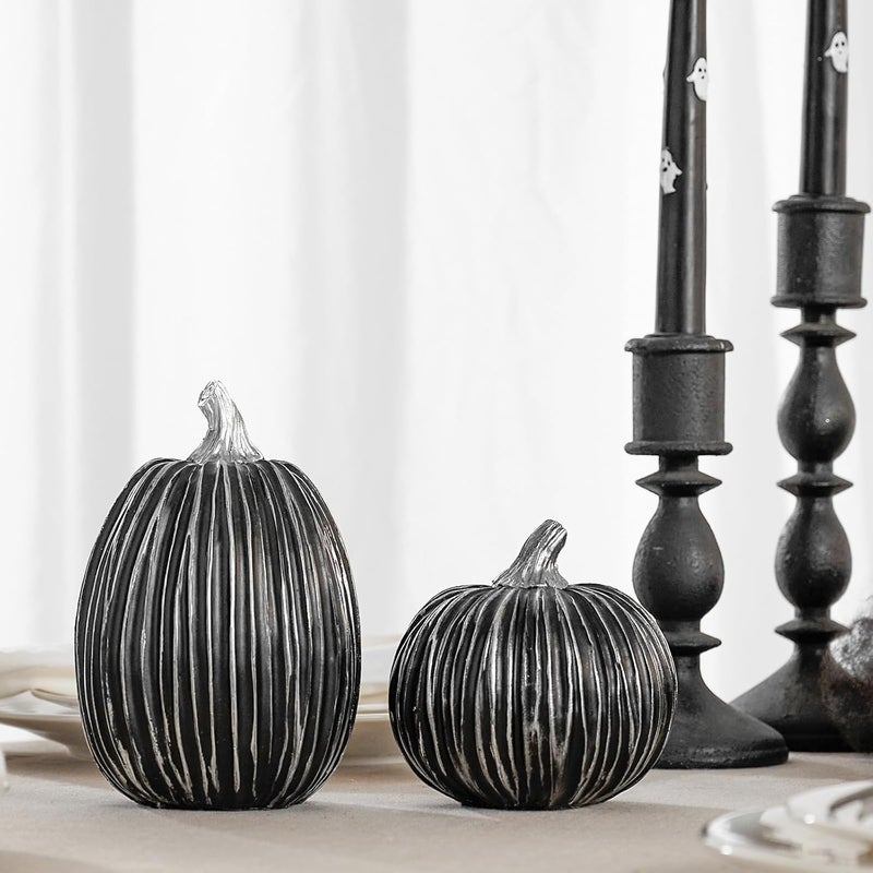 DN DECONATION Pumpkin Decorations for Fall and Halloween Indoor Home Decor, Black and Silver Faux Pumpkins–Fall Halloween Table Centerpiece, 2-Pack Resin Pumpkin for Thanksgiving Modern Farmhouse - Image 5