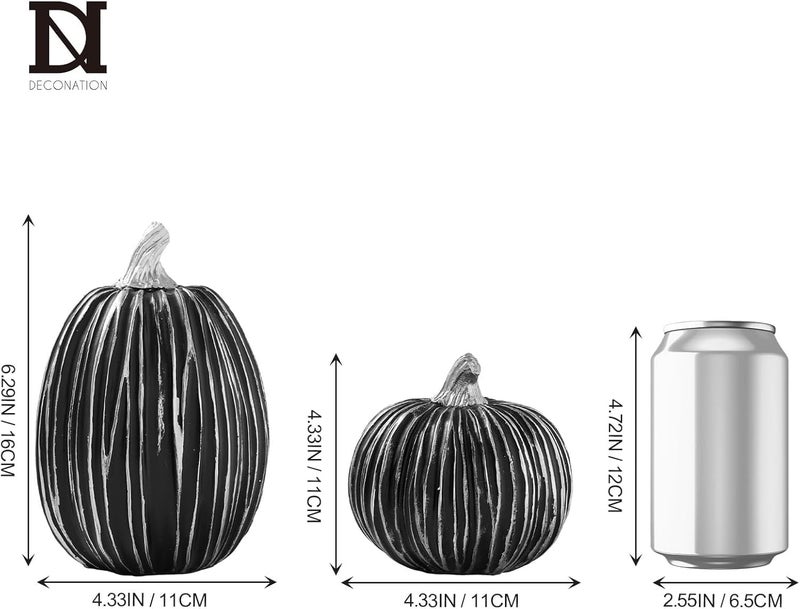 DN DECONATION Pumpkin Decorations for Fall and Halloween Indoor Home Decor, Black and Silver Faux Pumpkins–Fall Halloween Table Centerpiece, 2-Pack Resin Pumpkin for Thanksgiving Modern Farmhouse - Image 3