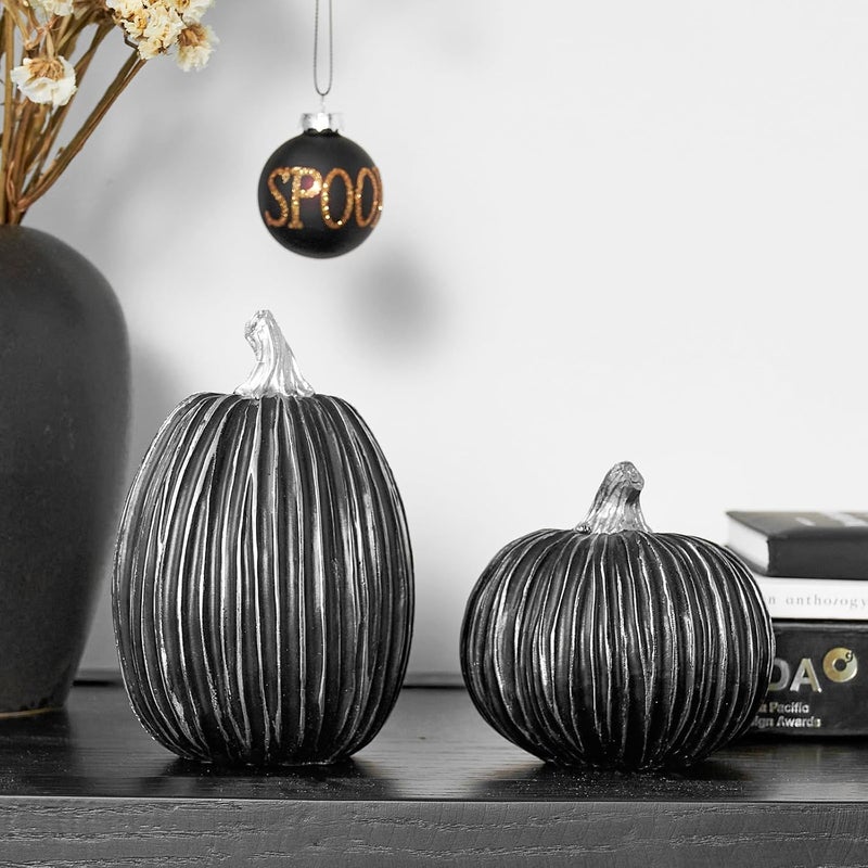 DN DECONATION Pumpkin Decorations for Fall and Halloween Indoor Home Decor, Black and Silver Faux Pumpkins–Fall Halloween Table Centerpiece, 2-Pack Resin Pumpkin for Thanksgiving Modern Farmhouse - Image 4